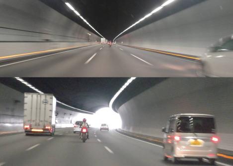 綺麗なトンネルの中であった日本坂トンネルを走行中のデジカメ写真