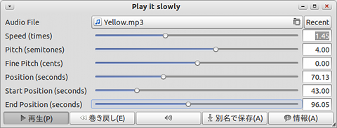 Play it slowly Ubuntu 音楽プレイヤー MP3 再生速度やピッチの変更